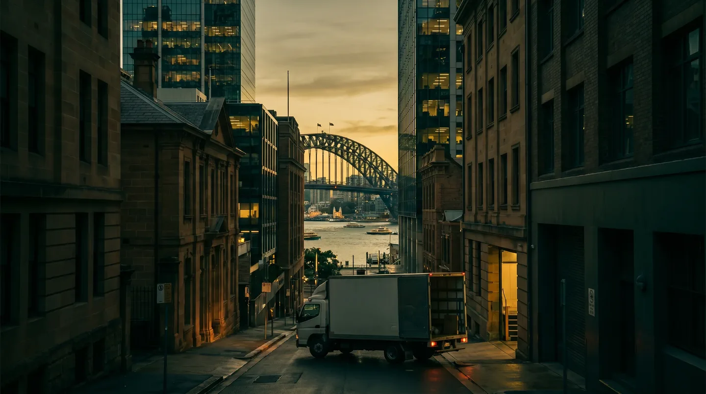 A Sydney CBD street at dusk, heritage and modern towers, a removal truck at a building loading dock