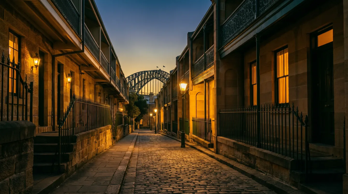 A The Rocks street scene at dusk