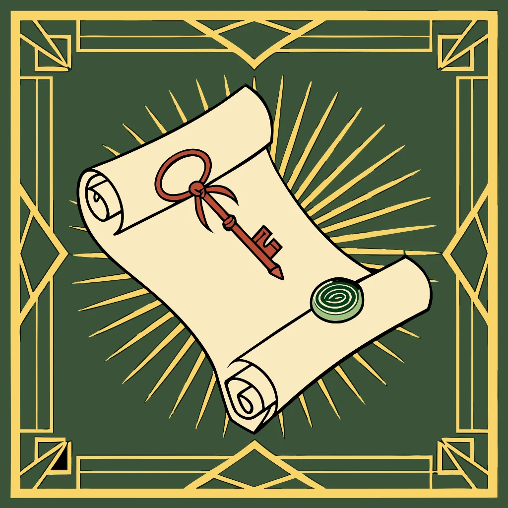 An art-deco illustration of an insurance certificate with a wax seal and key