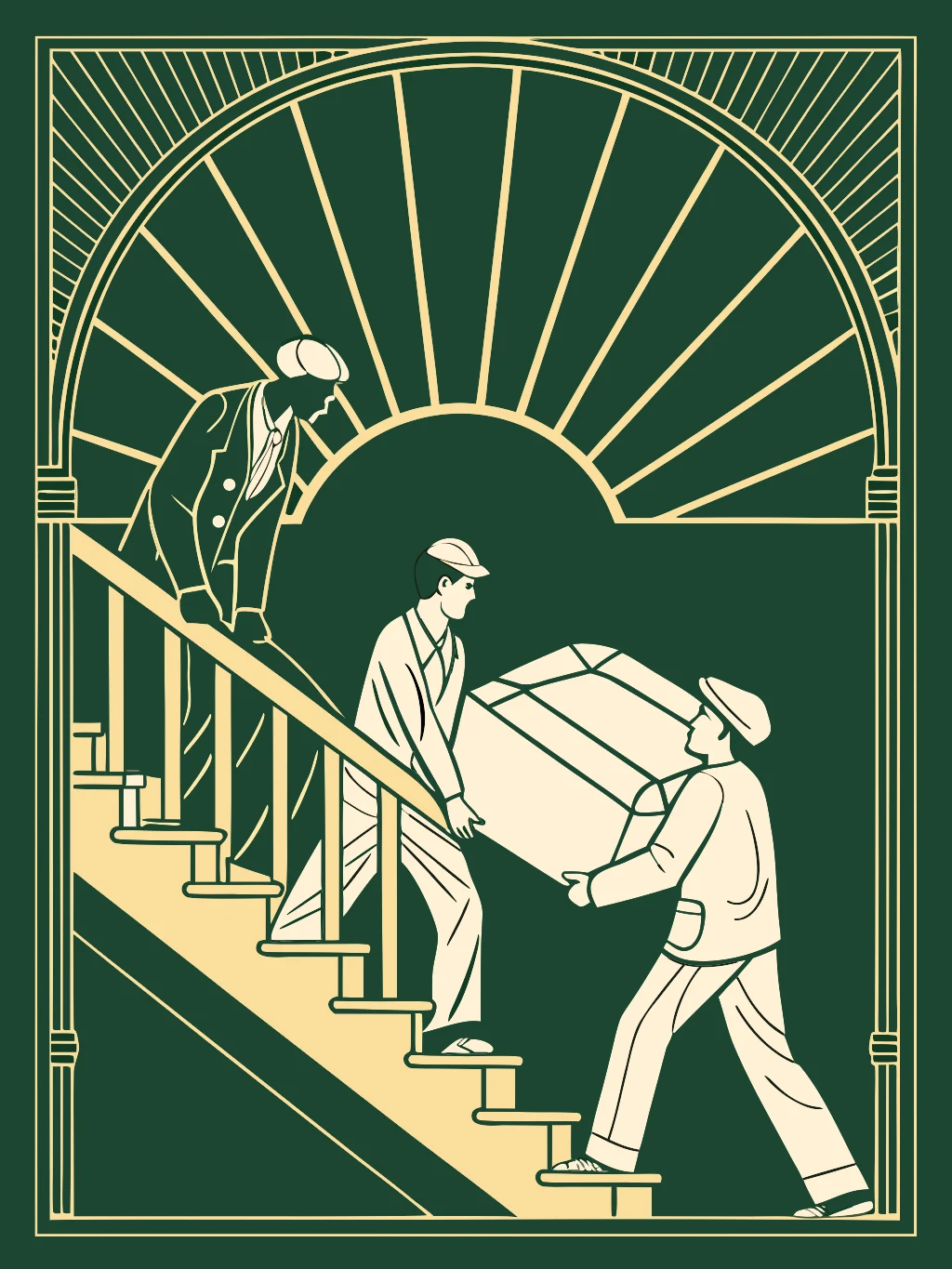 An illustration of movers carrying a sofa up an art-deco apartment stairwell